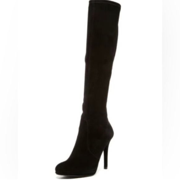 Stuart Weitzman Black Suede to the knee heeled sock boots. Size 9 💕 - Picture 1 of 4